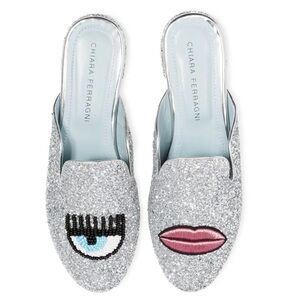 Chiara Ferragni Sabot flirting eyes & lips Glitter Mules Size: IT 36/US 6.5